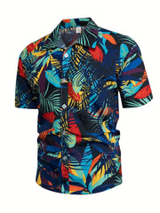 Men's Leaf Print Beach Shirt - Casual Short Sleeves for Summer