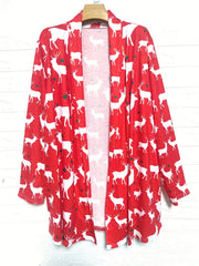 Reindeer Print Christmas Cardigan Long Sleeve Open Front Stretch