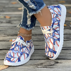 Love Heart Shape Baseball Pattern Flat Shoes Women's Shallow Mouth Casual Shoes