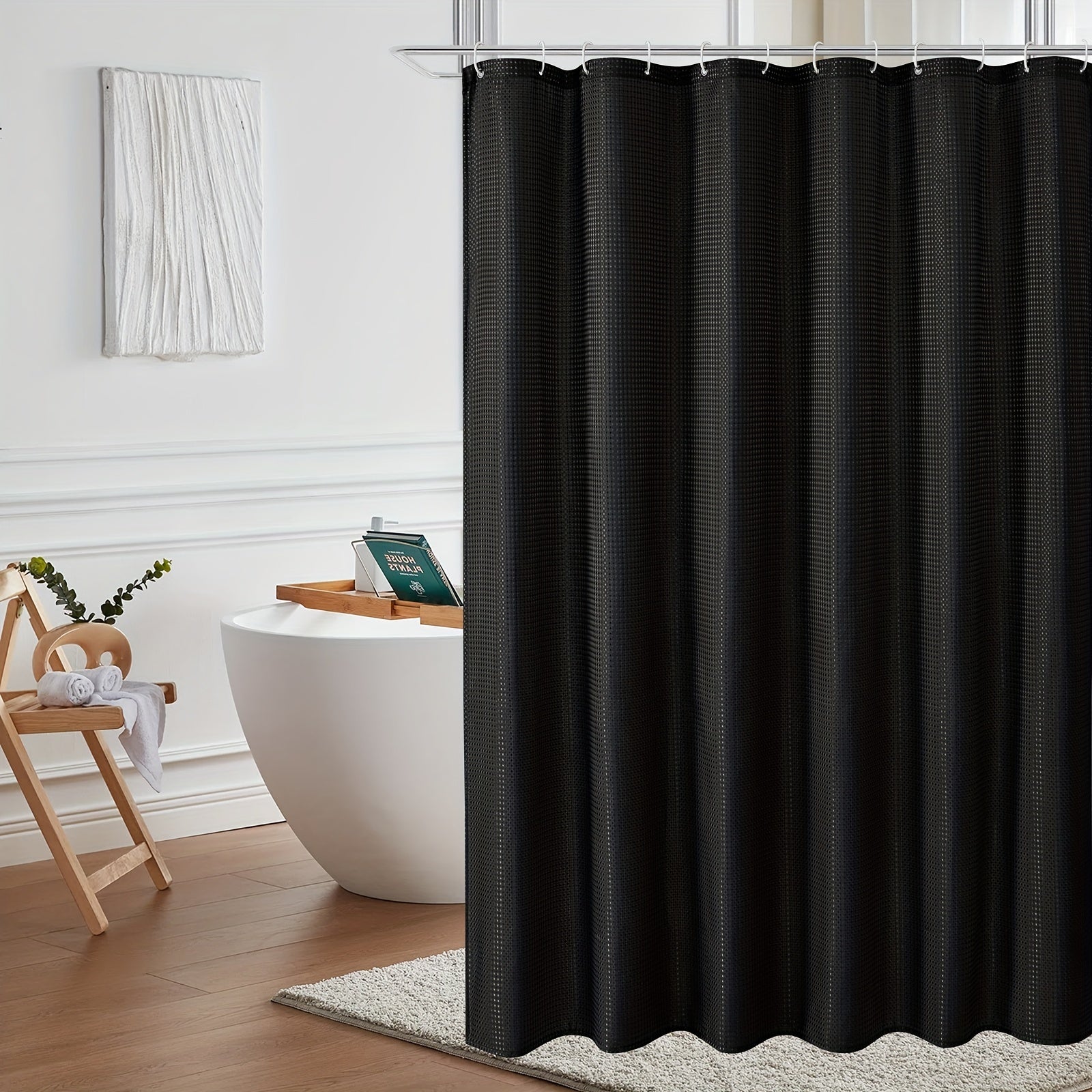 Fabric Shower Curtain Waffle Textured Heavy Duty Cloth Bathroom Shower Curtain