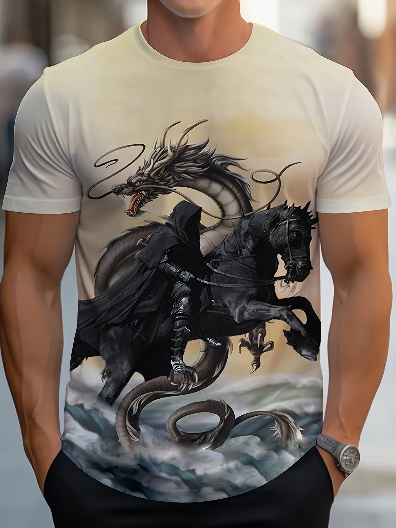 Men's Dragon Print Sports T-shirt Round Neck Tee Shirt For Summer