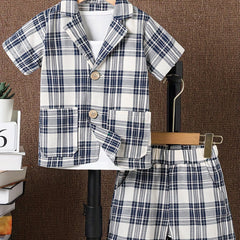 Boys Plaid Suit Short Sleeve Shirt&Vest&Shorts Kids Summer Clothing
