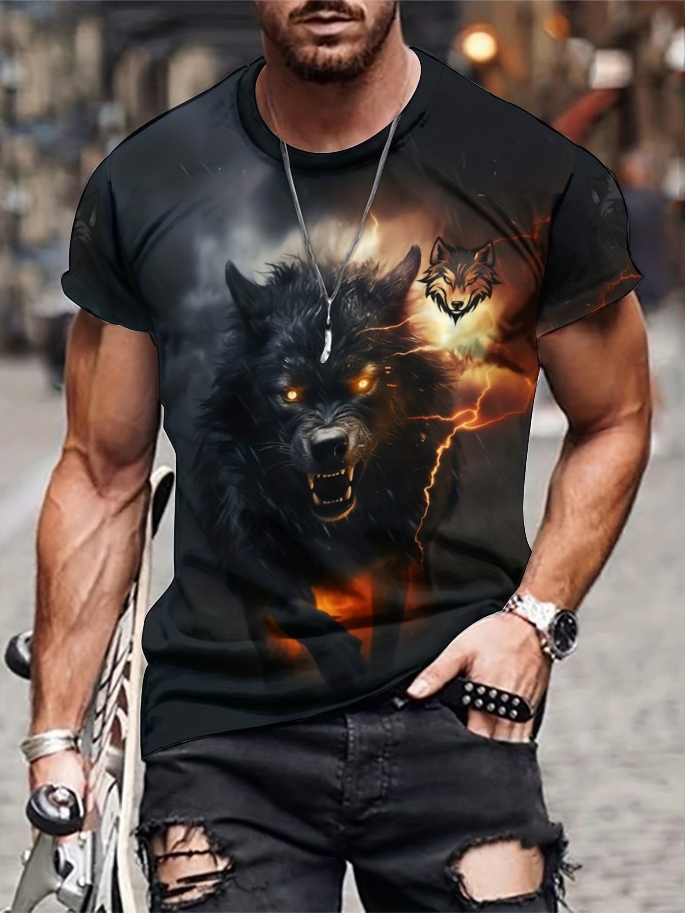 Men's Wolf Graphic T-shirt Casual Tee for Outdoors