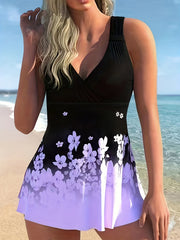 Floral Print Tankini Set V Neck Dress & Panty Swimsuit