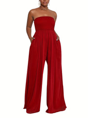 Shirred Wide Leg Tube Jumpsuit Backless Causal Jumpsuit