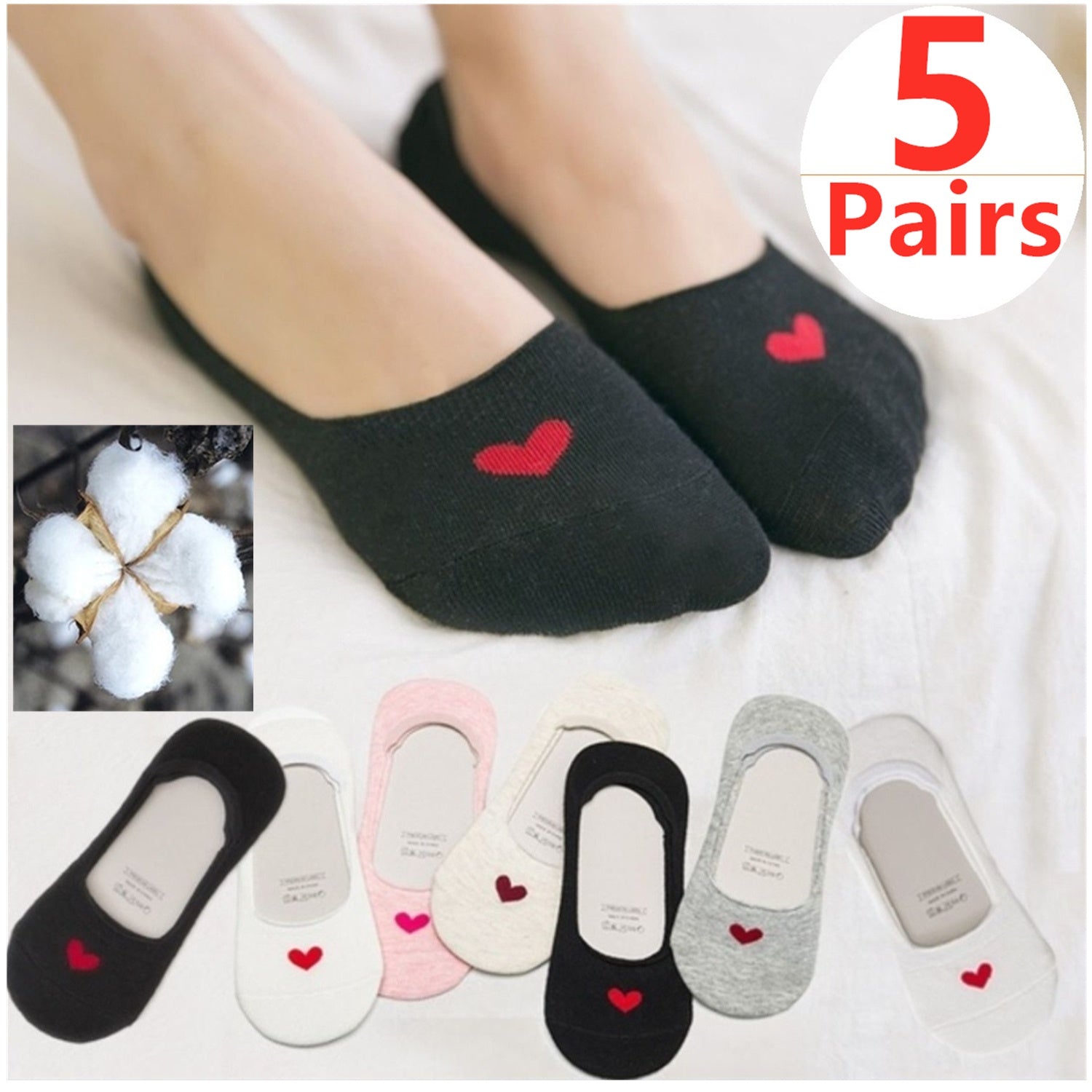 5 Pairs Women's No Show Low Socks Non Slip Flat Boat Line