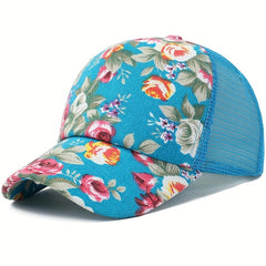 Vintage Flower Print Trucker Hat Baseball Cap Mesh Breathable