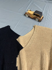 Colorblock Long Sleeve V Neck Sweater Dress With Belt
