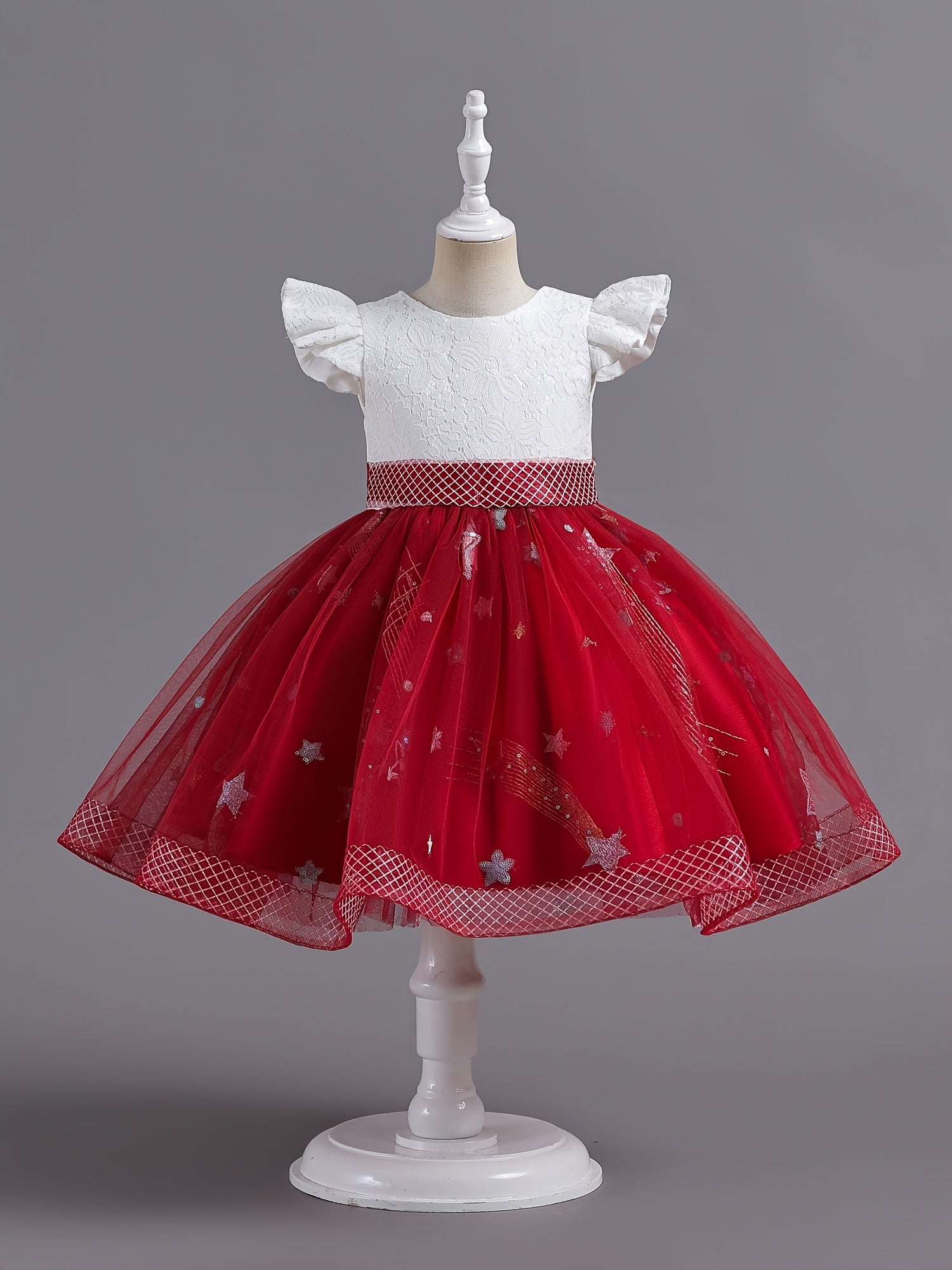 Girls Embroidered Mesh Princess Dress Fly Sleeve Tutu Skirt