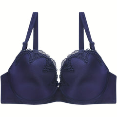 Bra Women's Plus Satin Contrast Lace Hook & Eye High Stretch Solid Bra
