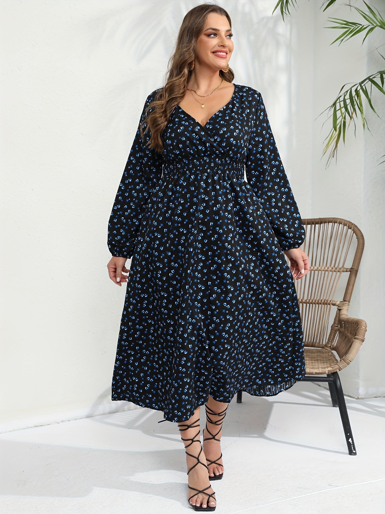 Ditsy Print Long Sleeve Maxi Dress