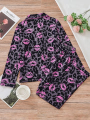 Leopard Pajama Set Long Sleeve Top & Elastic Waistband Pants