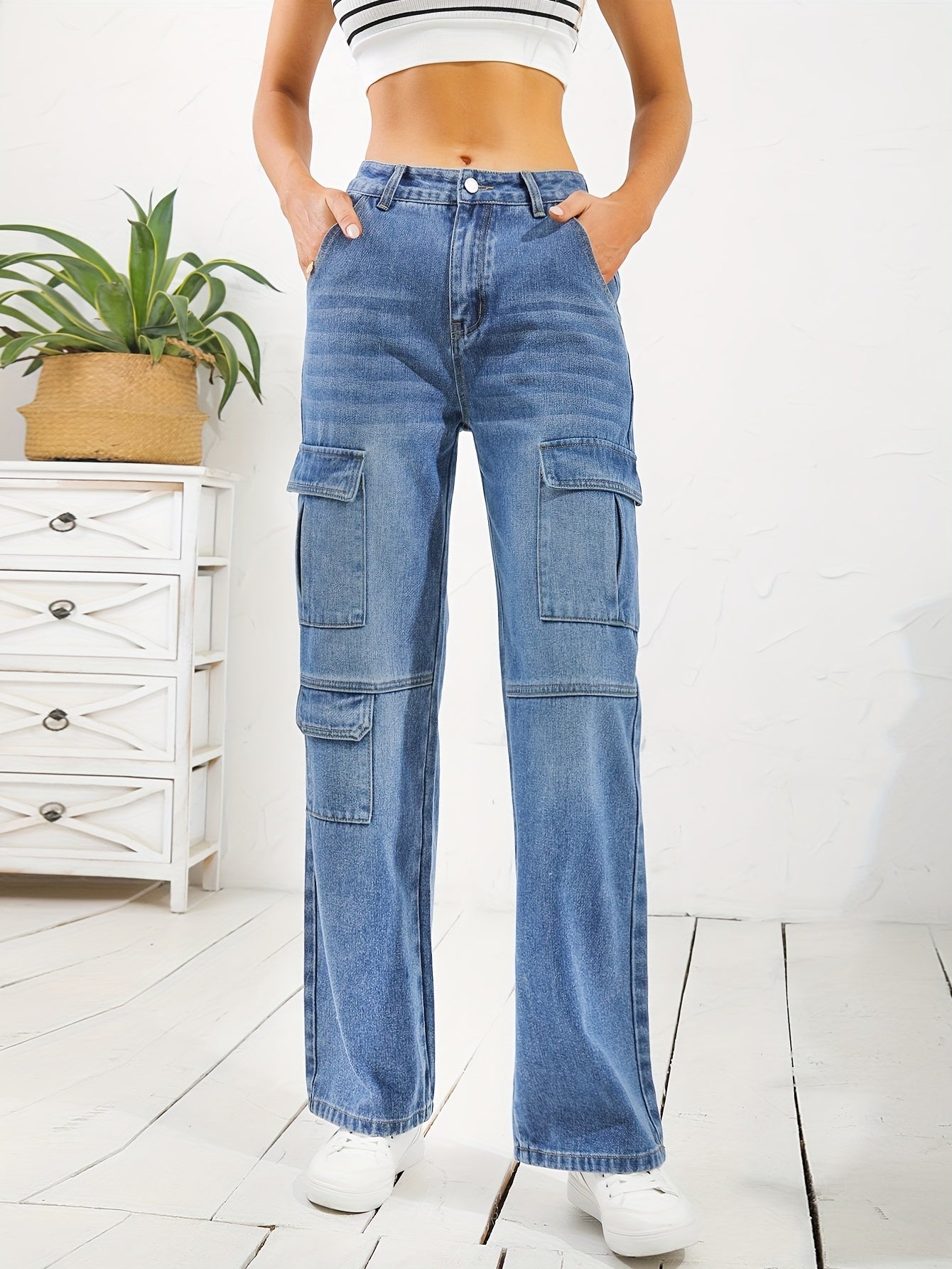 Cargo Pocket Whiskering Denim Pants Loose Straight Leg Jeans