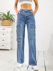 Cargo Pocket Whiskering Denim Pants Loose Straight Leg Jeans