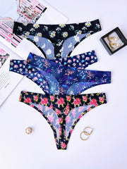 4pcs Floral Print Thongs Sexy Low Waist Intimates Panties
