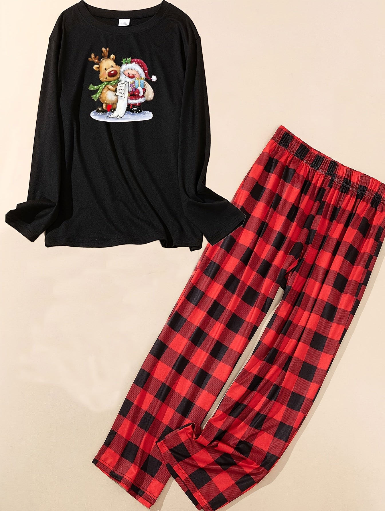 Women's Plus Size Christmas Lounge Set - Santa & Elk Print Long Sleeve Tee & Pla