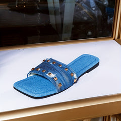 Women's Studded Flat Slides Denim Slide Sandals Square Open Toe