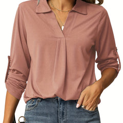 Solid Lantern Sleeve V Neck Blouse