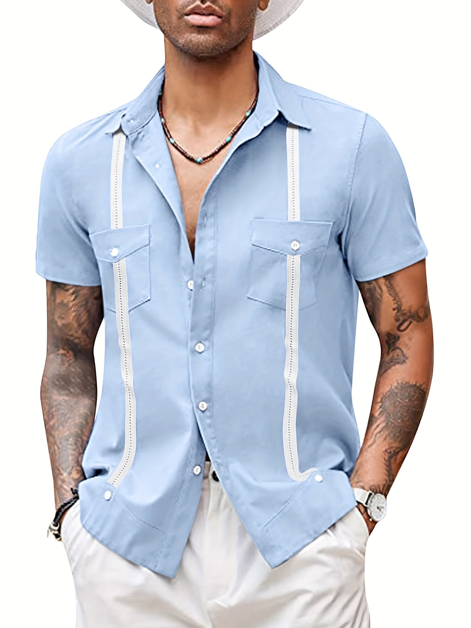 Stripe Print Men's Casual Camp Collar Cotton Short Sleeve Shirt