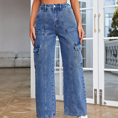 High Rise Cargo Jeans Washed Straight Casual Streetwear Denim Pants