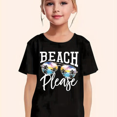 Girls BEACH Print Short Sleeve T shirt Comfy Tees Pullover Summer Clothes