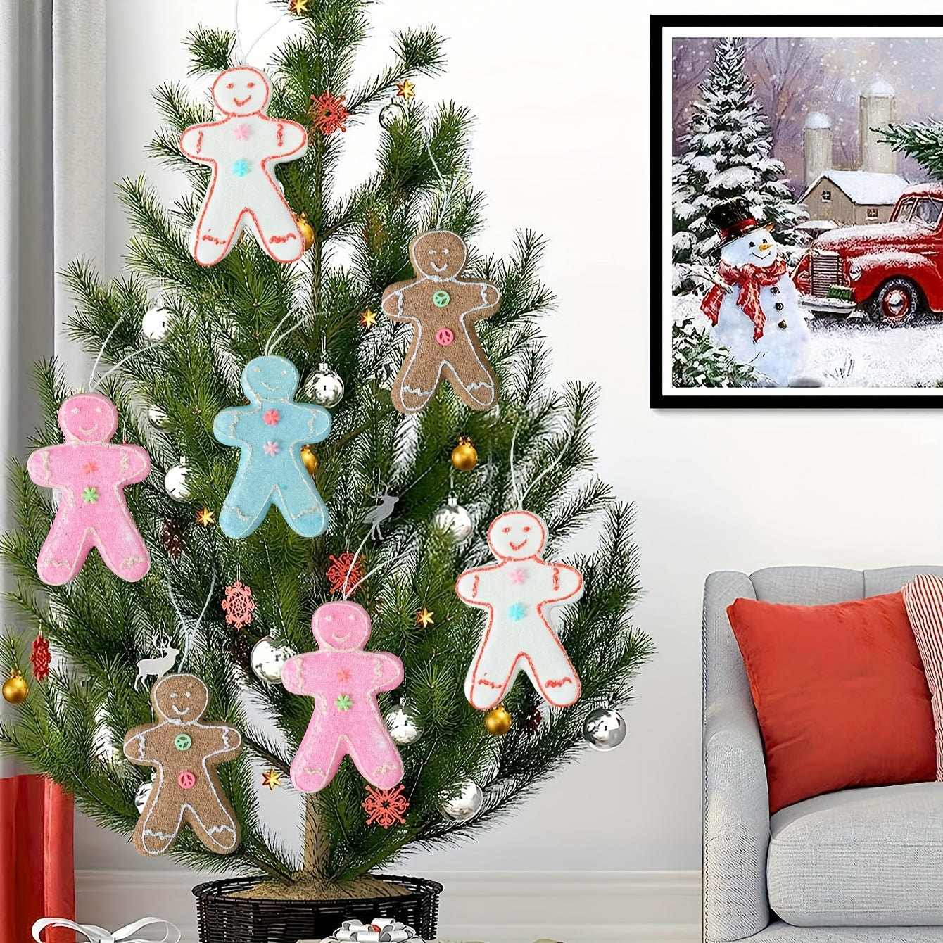 4pcs Macaron Colored Gingerbread Man Snowman Ornaments