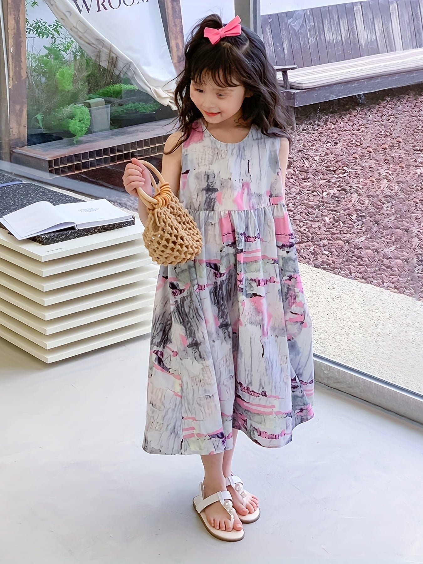 Girl's Brush Stroke Graphic Dress Casual Sleeveless Loose Princess Dress
