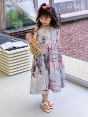 Girl's Brush Stroke Graphic Dress Casual Sleeveless Loose Princess Dress