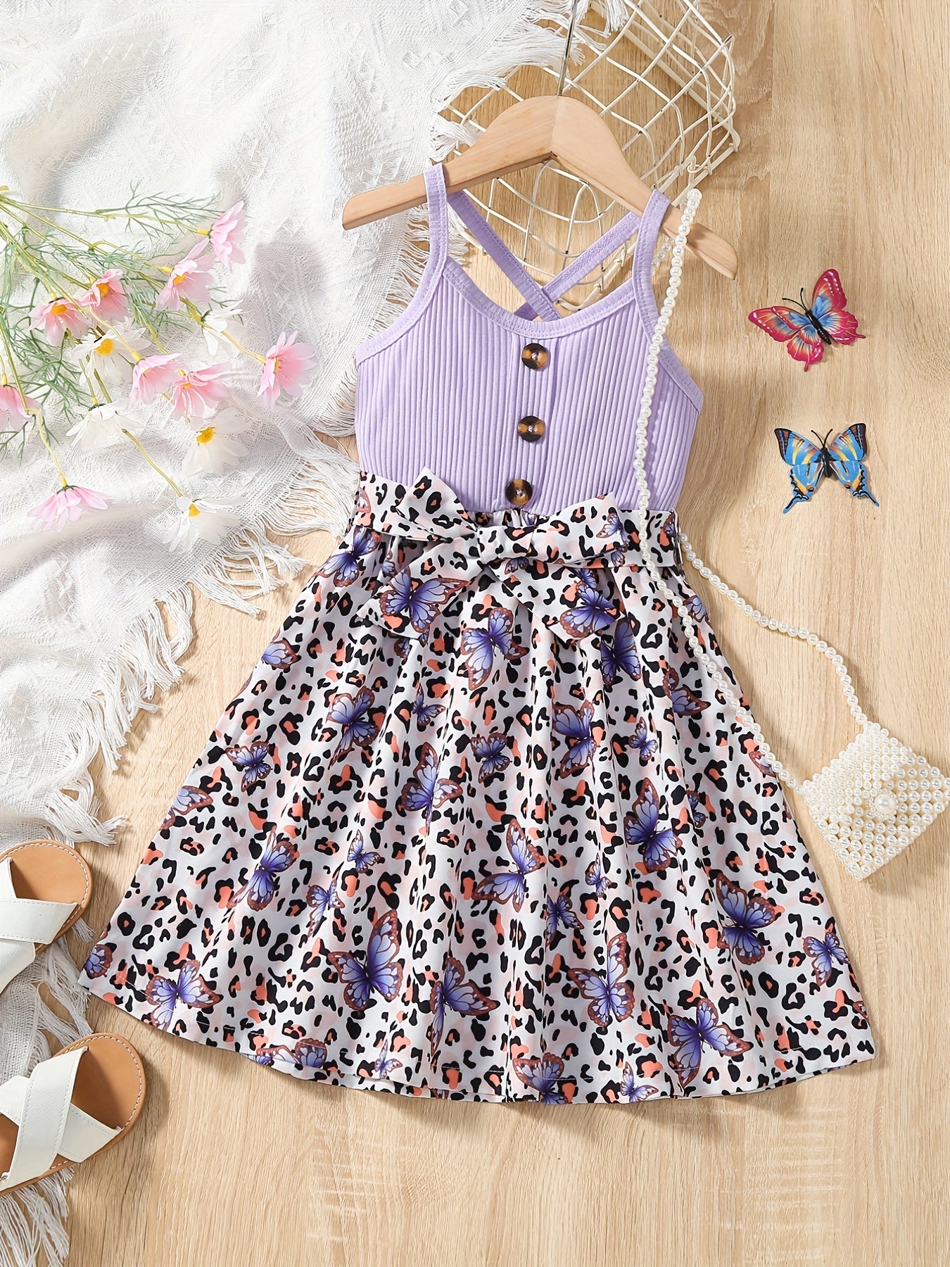 Toddler Girls Butterfly & Leopard Crisscross Back Cami Dress