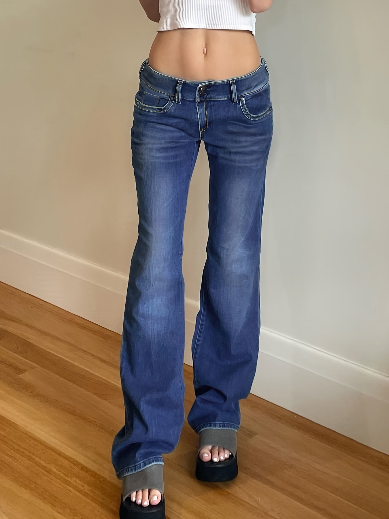 Wide Leg Denim Pants Slash Pockets High Stretch Baggy Jeans