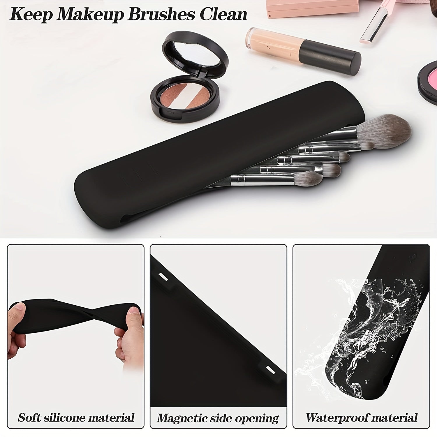 Silicone Makeup Brush Holder with Magnetic Snaps - Travel Case Bag