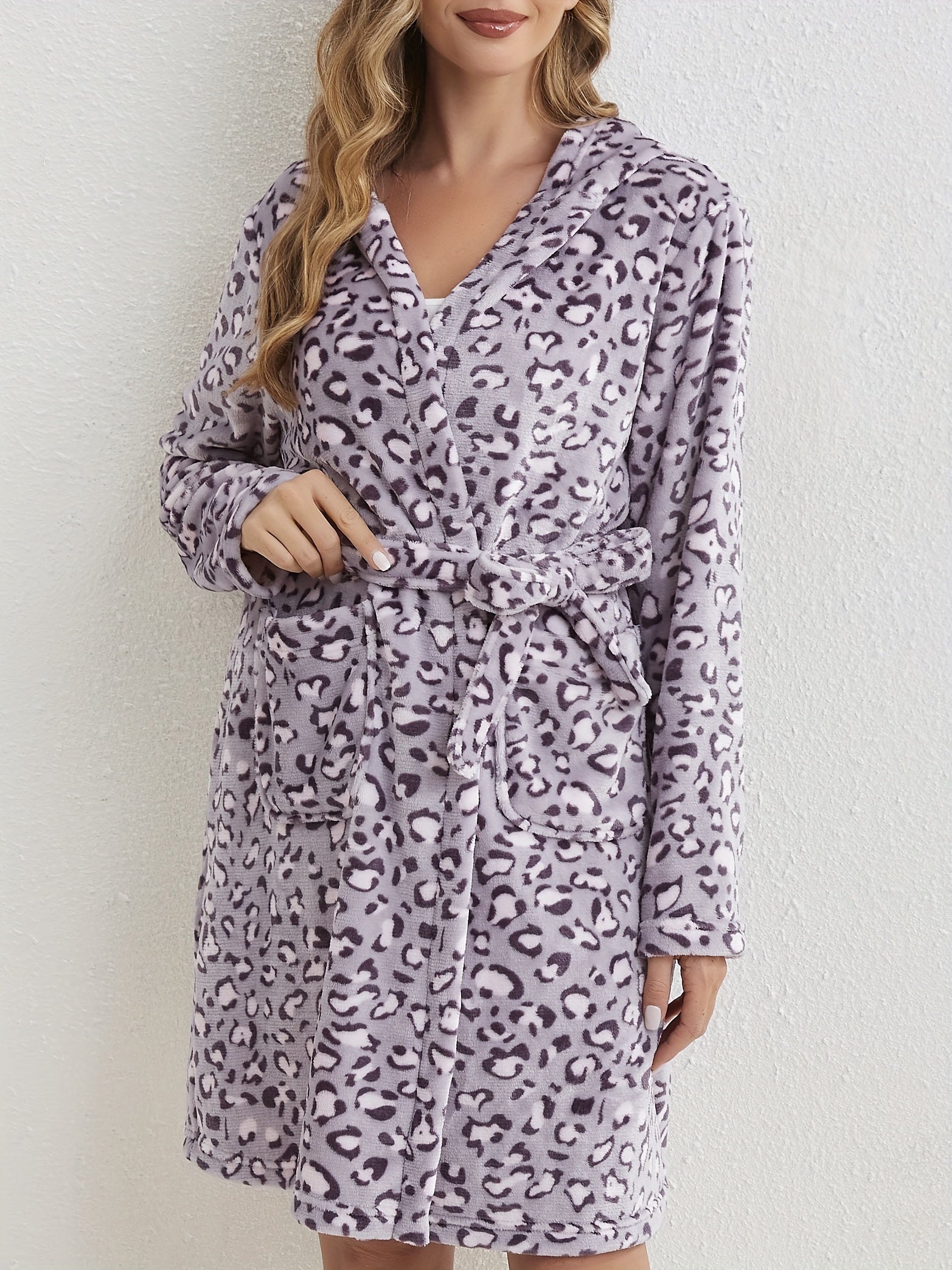 Leopard Hooded Fuzzy Night Robe Warm Long Sleeve Robe