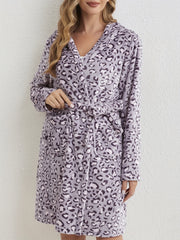 Leopard Hooded Fuzzy Night Robe Warm Long Sleeve Robe