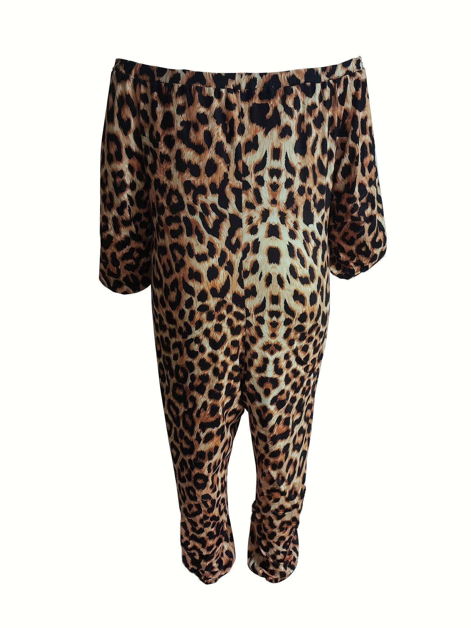 Leopard Cut Out Off Shoulder Lantern Sleeve Jumpsuit