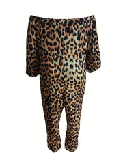 Leopard Cut Out Off Shoulder Lantern Sleeve Jumpsuit