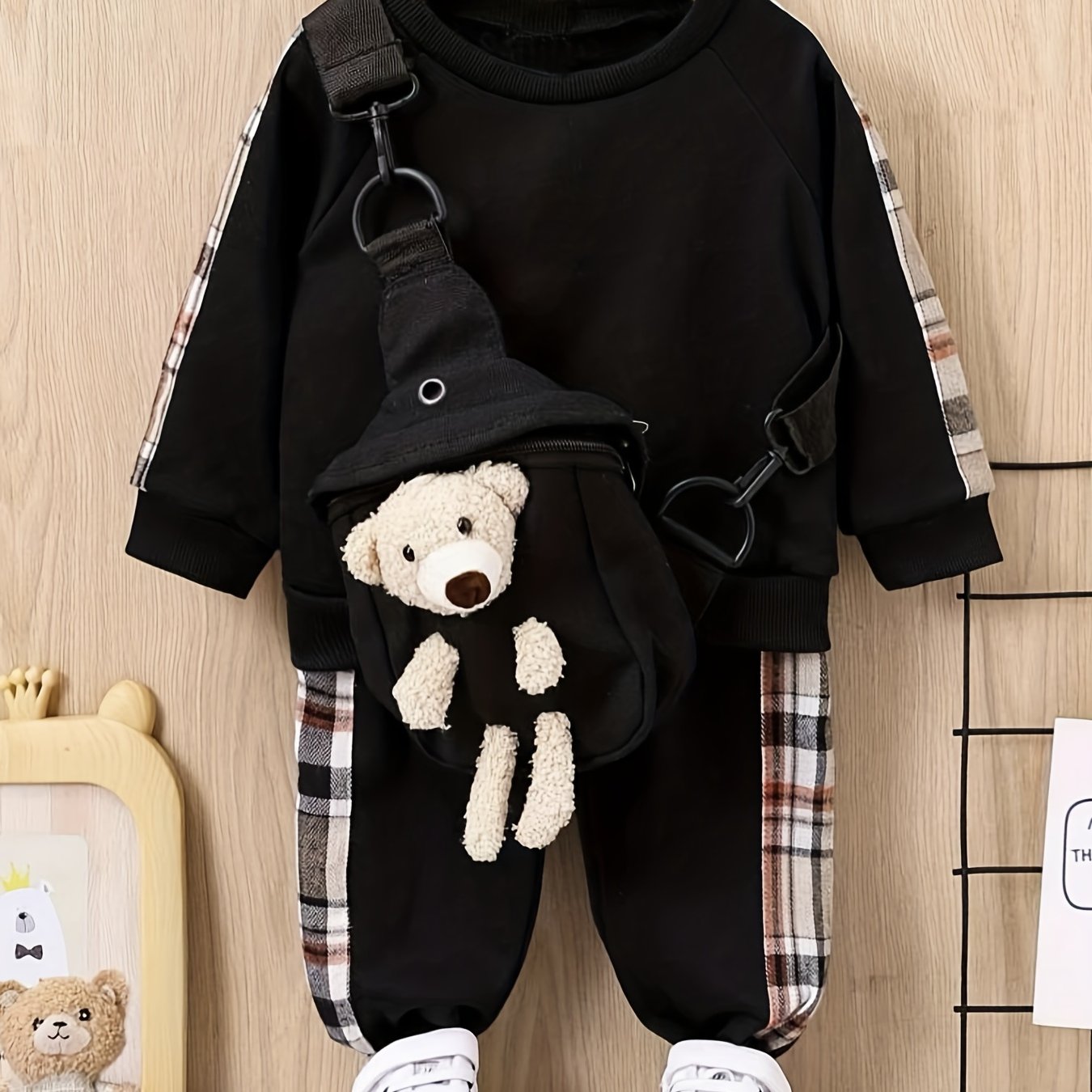Boys Plaid Pullover Pants Set with Bear Bag