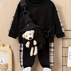Boys Plaid Pullover Pants Set with Bear Bag
