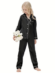 2pcs Kid's Solid Satin Pajamas Button Front Top & Pants Set