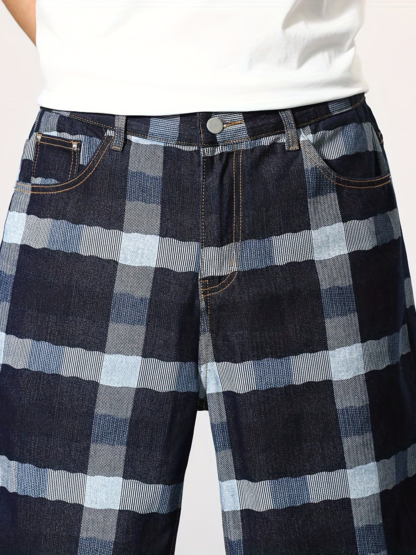 Vintage Plaid Denim Shorts Men's Casual Street Style Summer Shorts