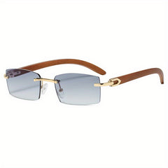 Men's Rimless Brown Tint Rectangular Vintage Wood Grain Sunglasses