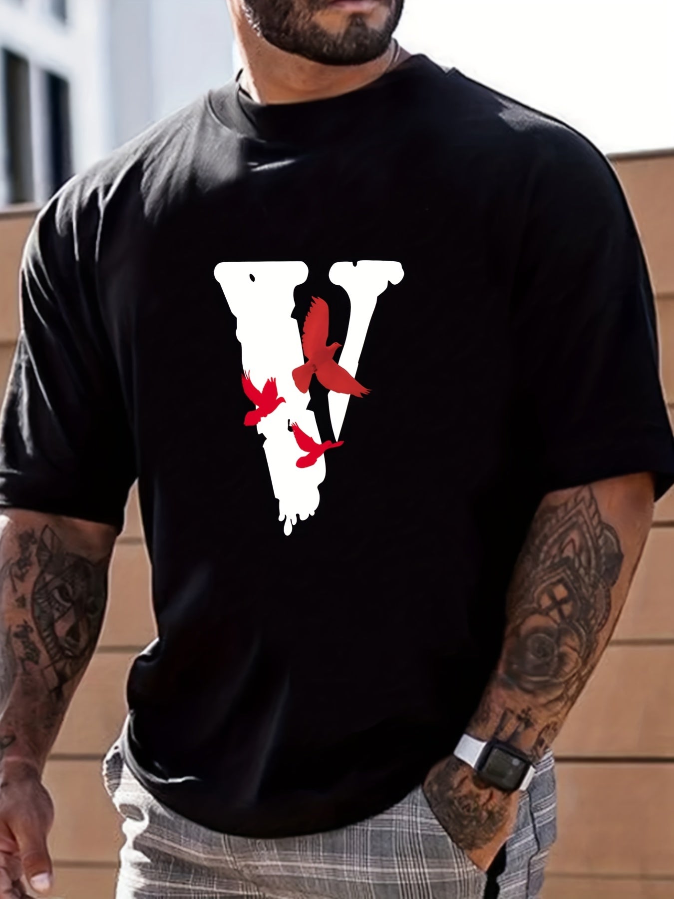 V & Pigeon Print Men's Graphic Crew Neck T shirt Casual Tee for Summer