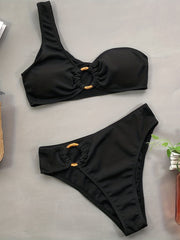 Asymmetrical Rib Knit Bikini Set Solid Ring Two Piece Swimsuit Women's Swimwear