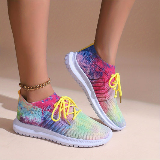 Tie Dye Mesh Breathable Woven Shoes Soft Thick Bottom Sneakers