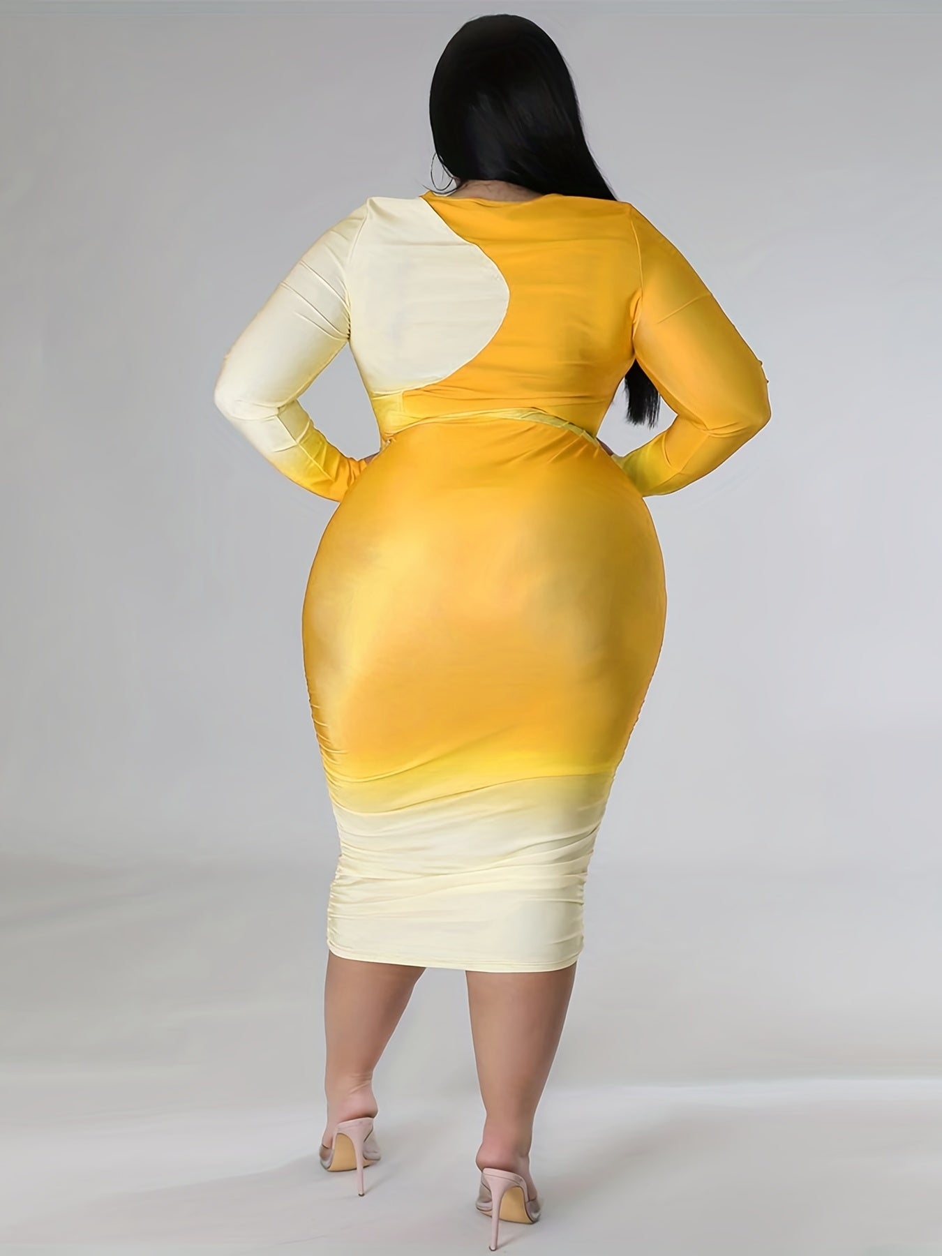 Women's Plus Ombre Print Long Sleeve Round Neck Midi Dress