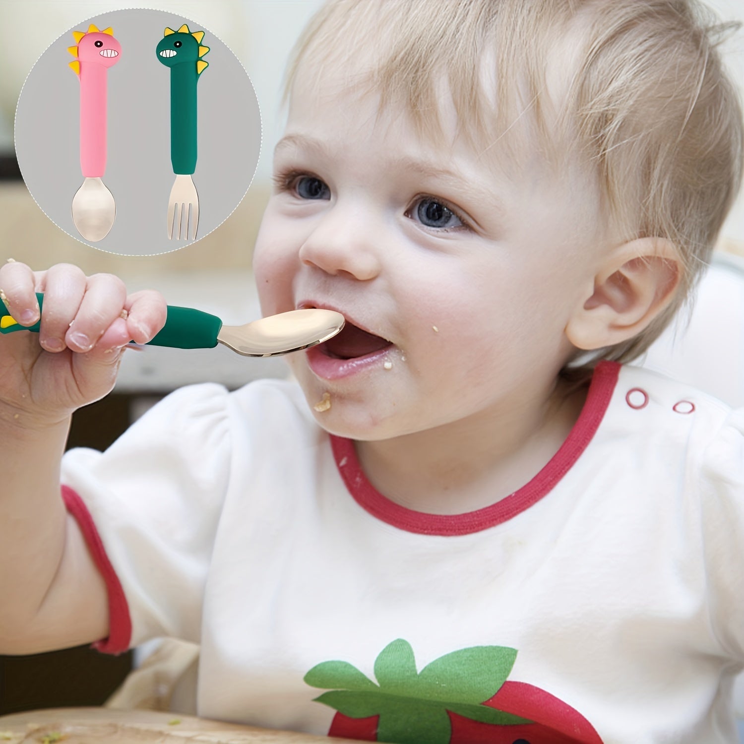 Dino Toddler Silverware Silicone Handle Safe Flatware Stainless Steel Cutlery