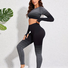 2Pcs Seamless Sports Set Long Sleeves Round Neck Tee & High Waist Yoga Leggings