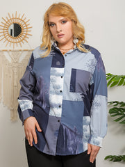 Colorblock Print Long Sleeve Button Up Blouse