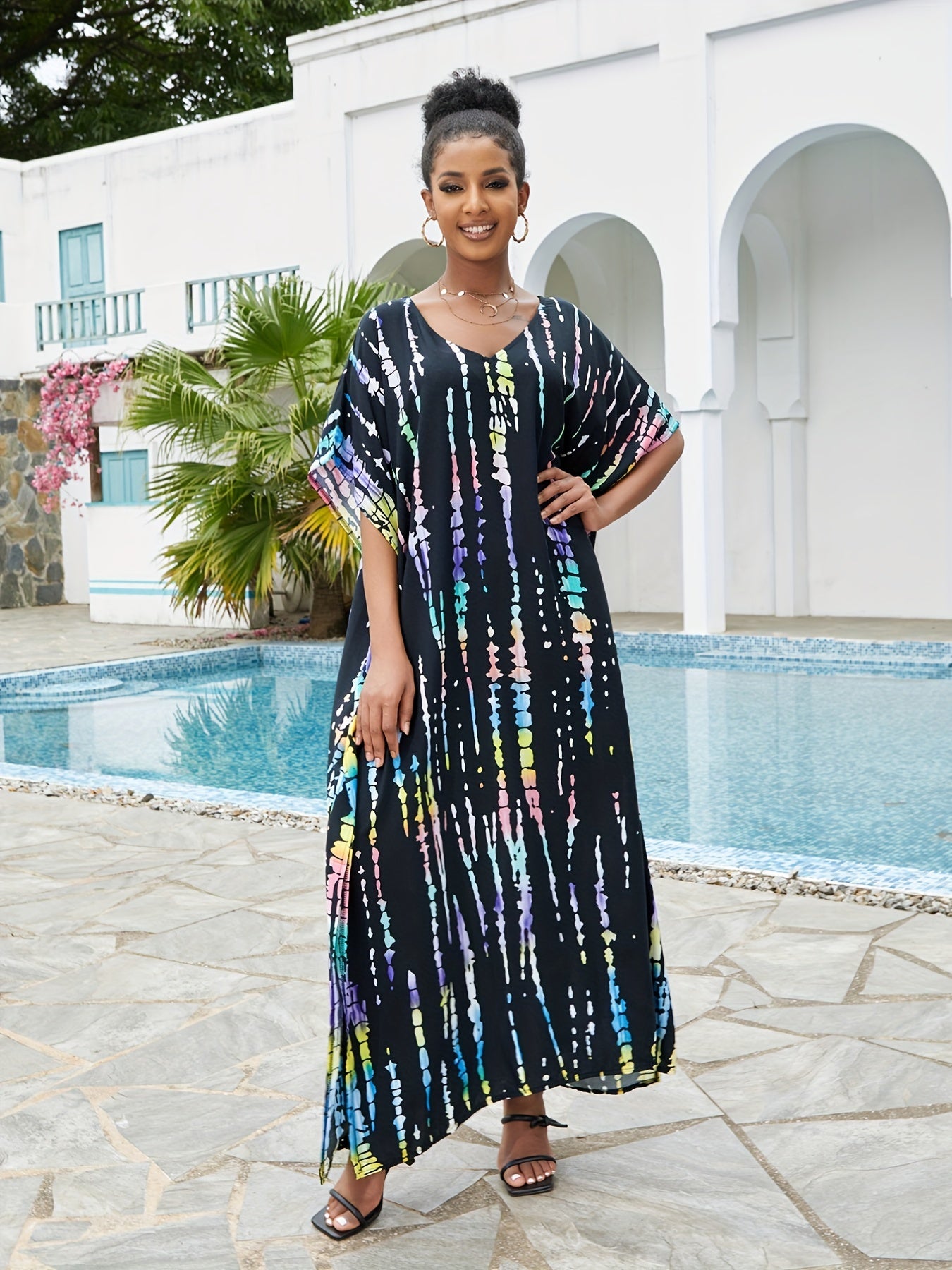 Boho Cover Up Tie Dye Striped V Neck Beach Cover Up Dress