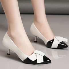 Bowknot Kitten Heels Pumps Pointed Toe Block Shoes