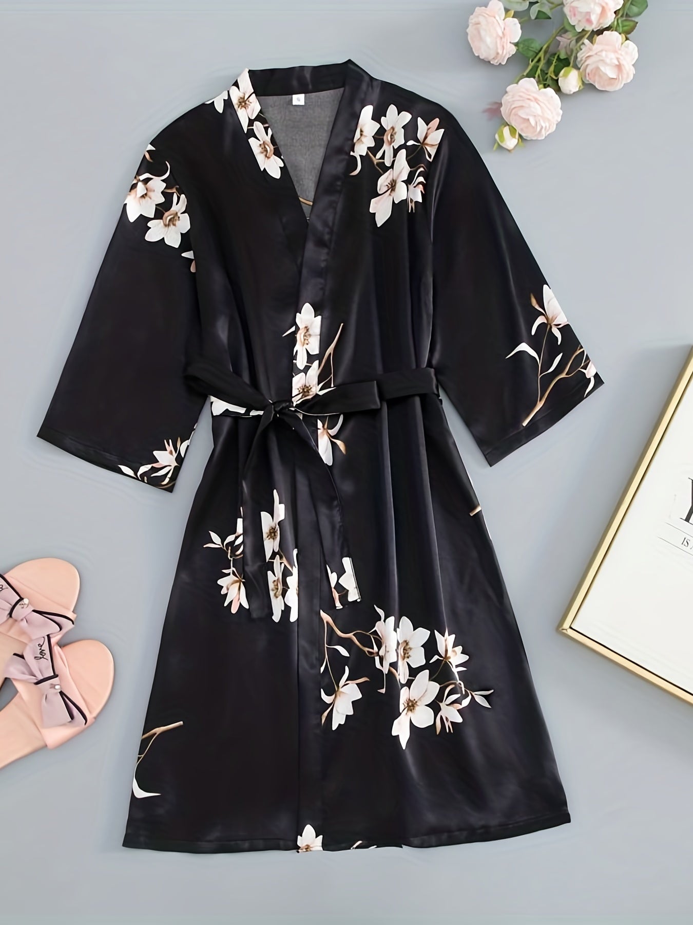 Floral Print Deep V Night Robe with Belt